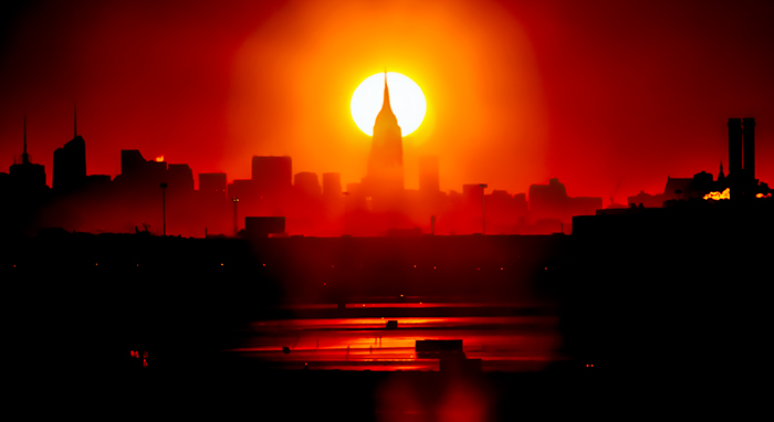 Sunrise over the Empire State Building in Manhattan, New York City, New York.