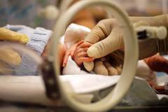 A Doctor Holding a Tiny Hand in the NICU Isolette at a Hospital