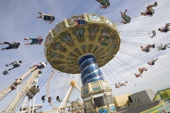 An amusement park ride at the ocean shore.