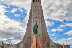 Statue of Leifur Eiriksson in front of Hallgrimskirkja Lutheran Church in Reykjavik, Iceland.