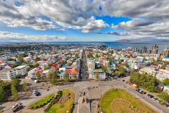An aerial view of Reykjavik, Iceland from the top of the Hallgrimskirkja Lutheran Church.